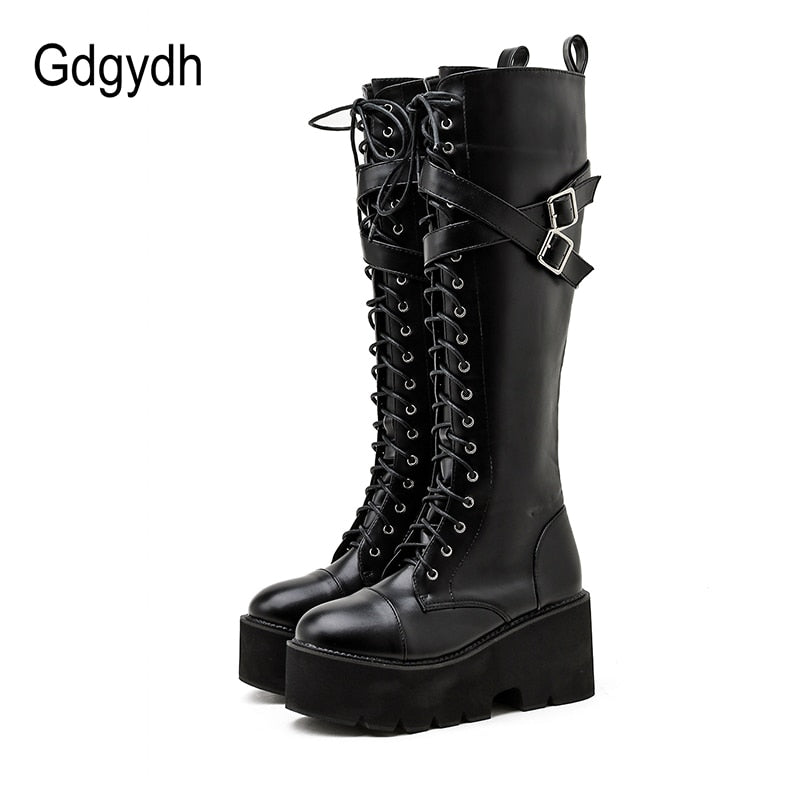 Gdgydh Fashion Women Boots Cross Strap PU Leather Autumn Winter Knee High Boots Ladies Thick Sole Platform Shoes Punk Gothic Elk-Valley 3D