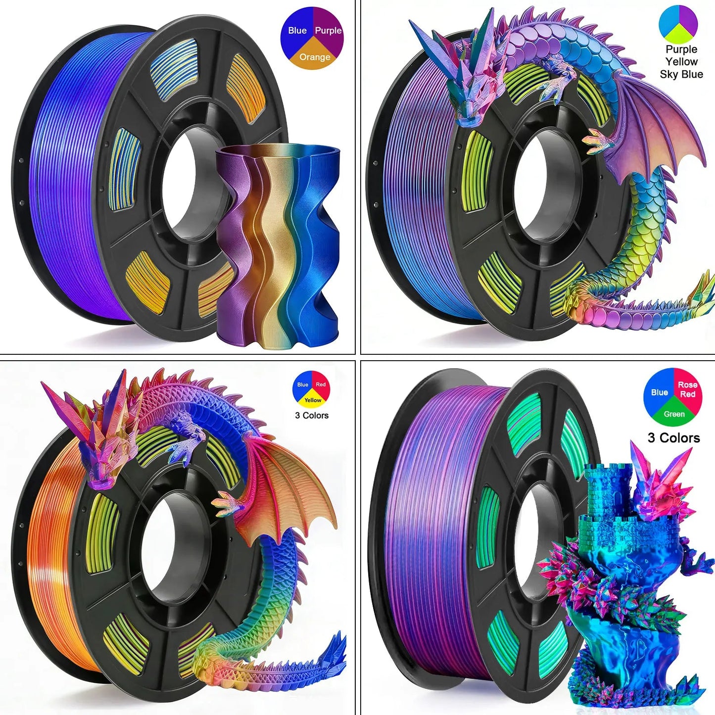 Tricolor Silk PLA 3D Printer Filament 1.75mm 250g(0.55lbs) Spool, High Precision Printing Material for Most FDM 3D Printers Elk-Valley 3D