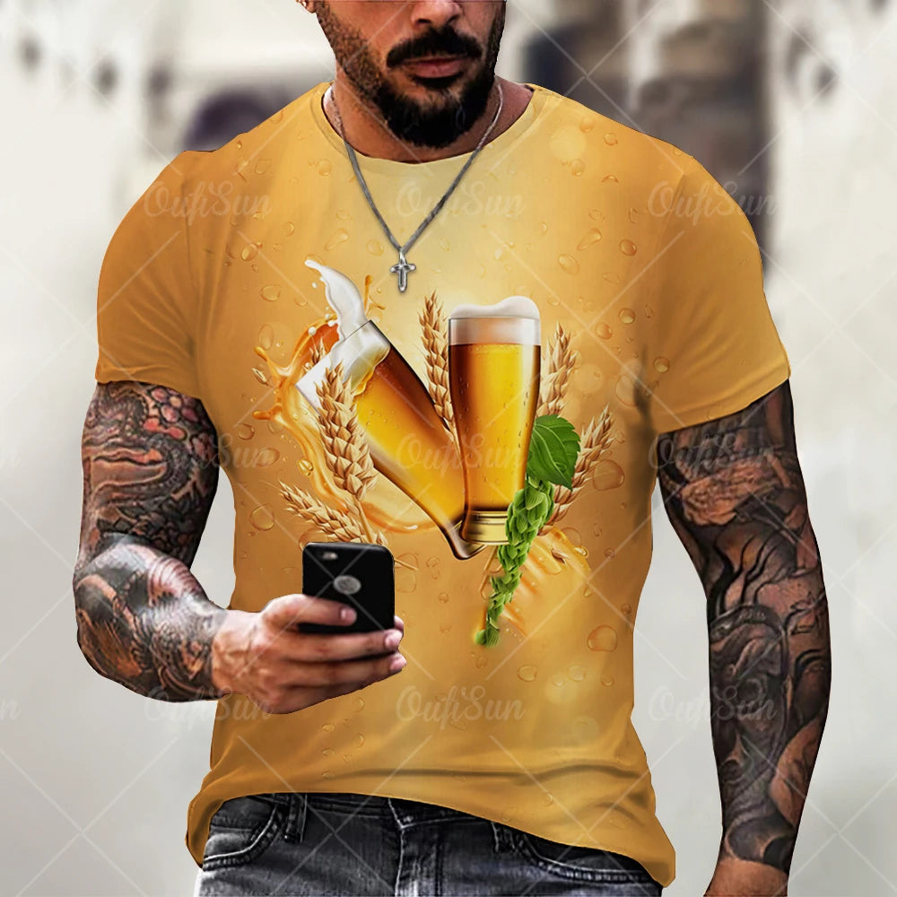 Beer 3D Print Men's T-Shirts Summer Polyester O-Neck Breathable Short Sleeve Loose Tops Tees Oversized T Shirt Men Clothing Elk-Valley 3D