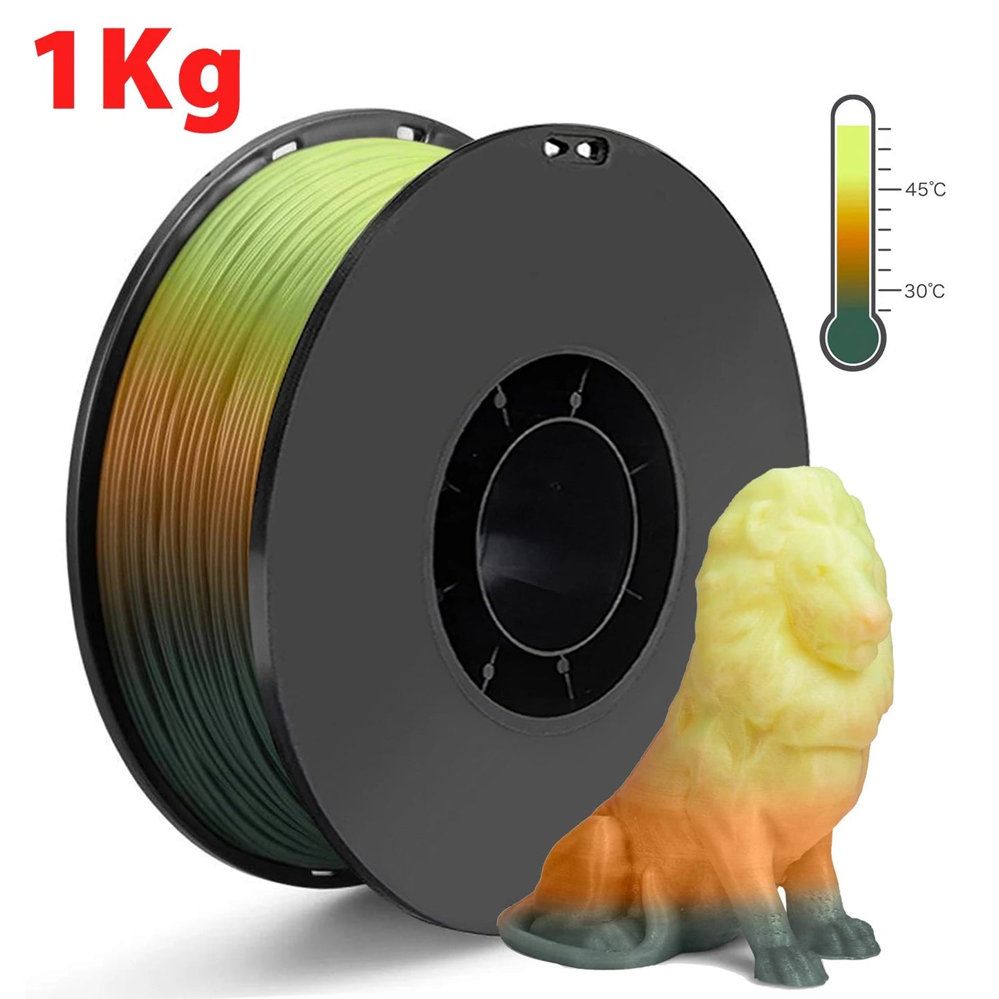 3D Printer PLA Filament, Tri Color Changing with Temperature, pla Black to Orange to Yellow, 250g, 500g, 1KG, 1.75mm Elk-Valley 3D