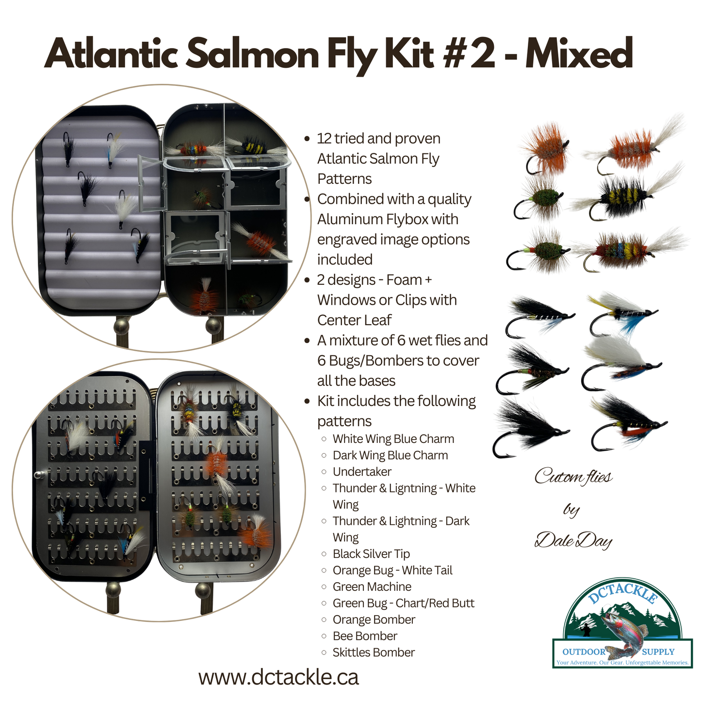 Fly Fishing Kit, Atlantic Salmon Flies, Mixed Selection, with Aluminum Flybox + Engraved Image Dc Tackle & Outdoor Supply