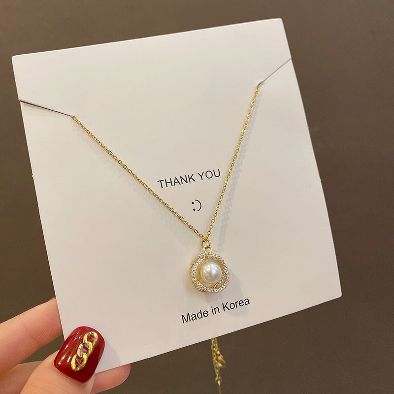 European and American retro titanium necklace female designed high-grade pearl pendant INS style wild lock bone chain jewelry