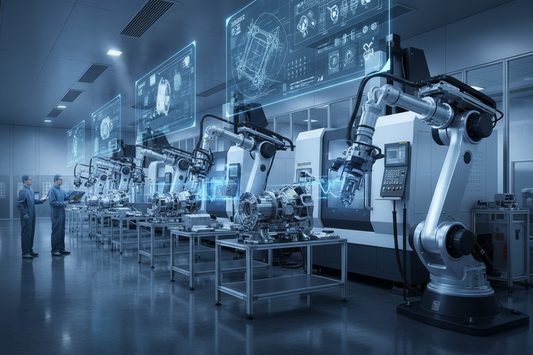 Automated manufacturing line with robotic arms assembling mechanical parts and engineers monitoring progress
