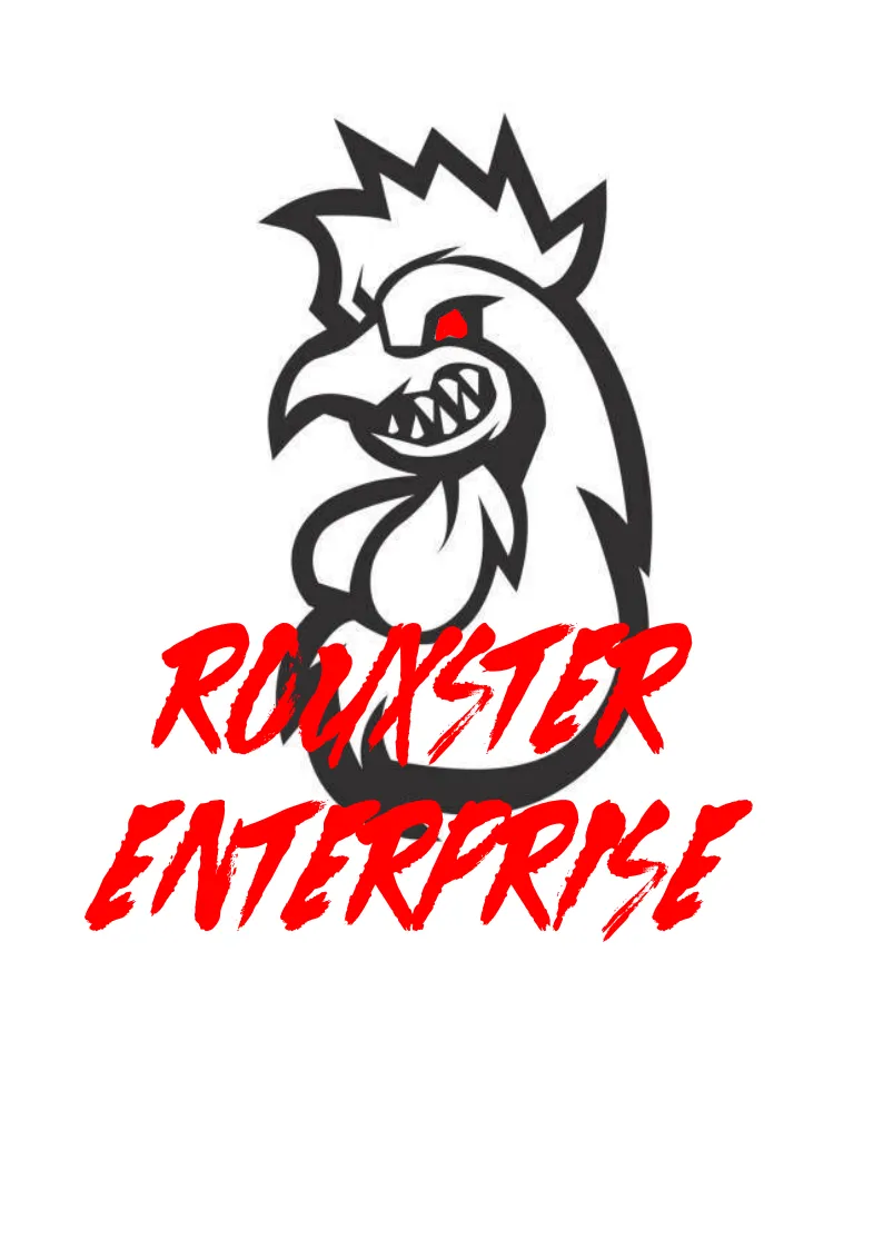 Angry rooster logo with red eyes and sharp teeth above red text 'ROUNSTER ENTERPRISE' on white background