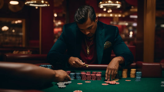 Man in dark blazer concentrating on stacking poker chips at casino table with dim lighting