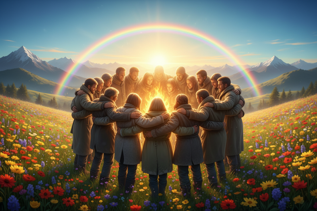 Group of people in coats hugging around a glowing campfire in a colorful flower field with mountains and a rainbow