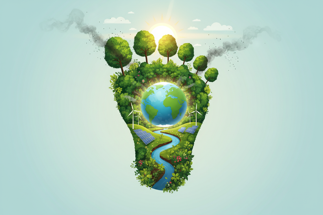 Eco-friendly lightbulb shape with Earth, trees, wind turbines, solar panels, and a river symbolizing negative carbon footprint