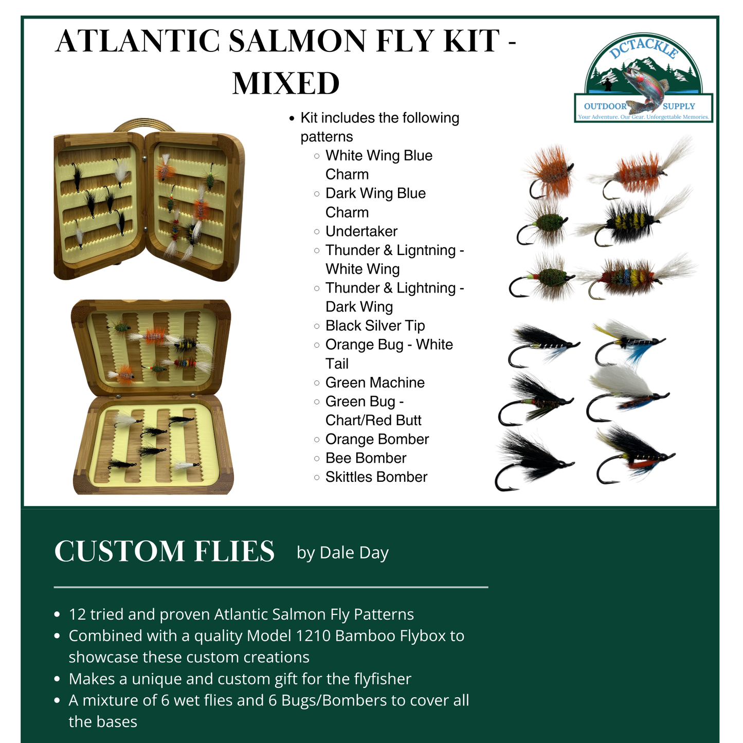 Fly Fishing Kit, Atlantic Salmon Flies, Mixed Wet Flies and Bugs & Bombers, with Bamboo Flybox Dc Tackle & Outdoor Supply