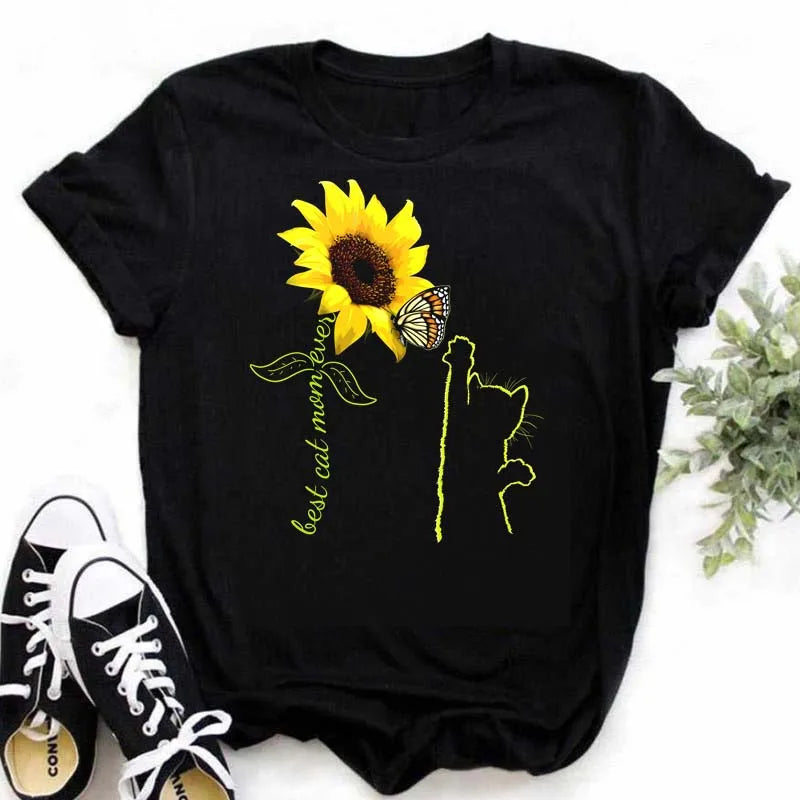 Maycaur Women's T-shirt Casual Kawaii Sunflower Butterfly Pattern Print Tshirt Comfortable Casual Women's Clothing Black Top Elk-Valley 3D