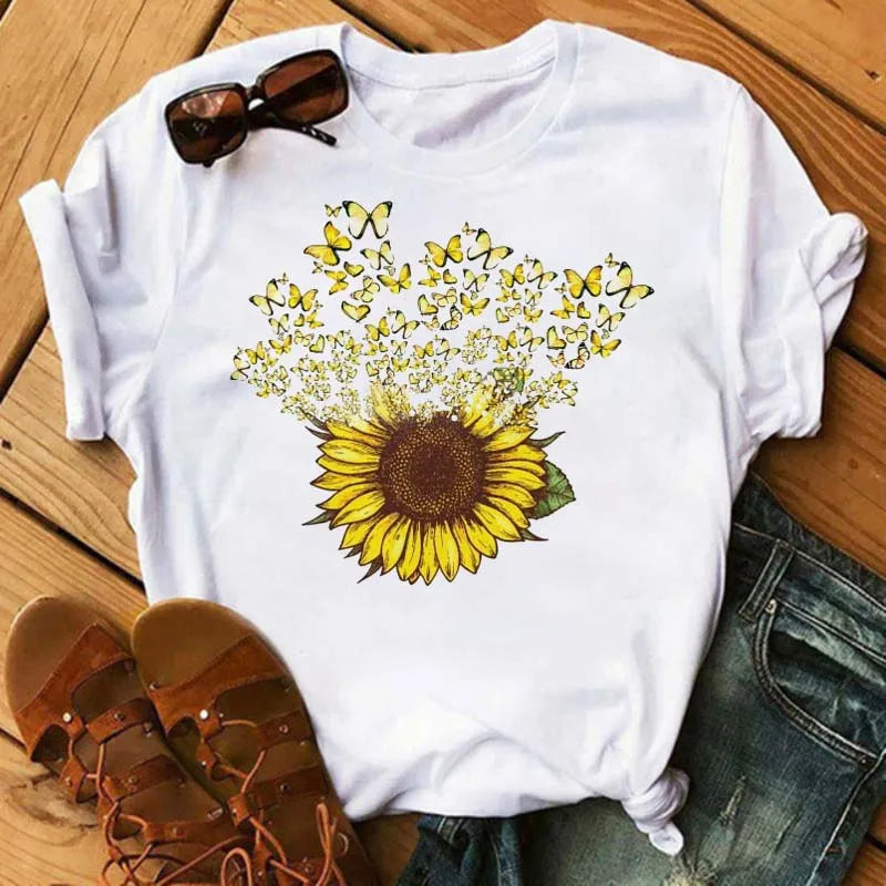 Maycaur Women's T-shirt Casual Kawaii Sunflower Butterfly Pattern Print Tshirt Comfortable Casual Women's Clothing Black Top Elk-Valley 3D