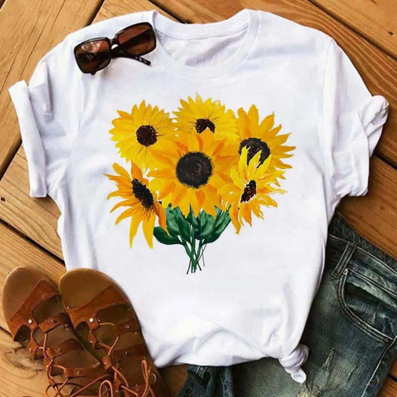Maycaur Women's T-shirt Casual Kawaii Sunflower Butterfly Pattern Print Tshirt Comfortable Casual Women's Clothing Black Top Elk-Valley 3D