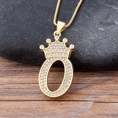 Nidin New Luxury Copper Zircon A-Z Crown Alphabet Pendant Chain Necklace Hip-Hop Style Fashion Woman Man Initial Name Jewelry Elk-Valley 3D