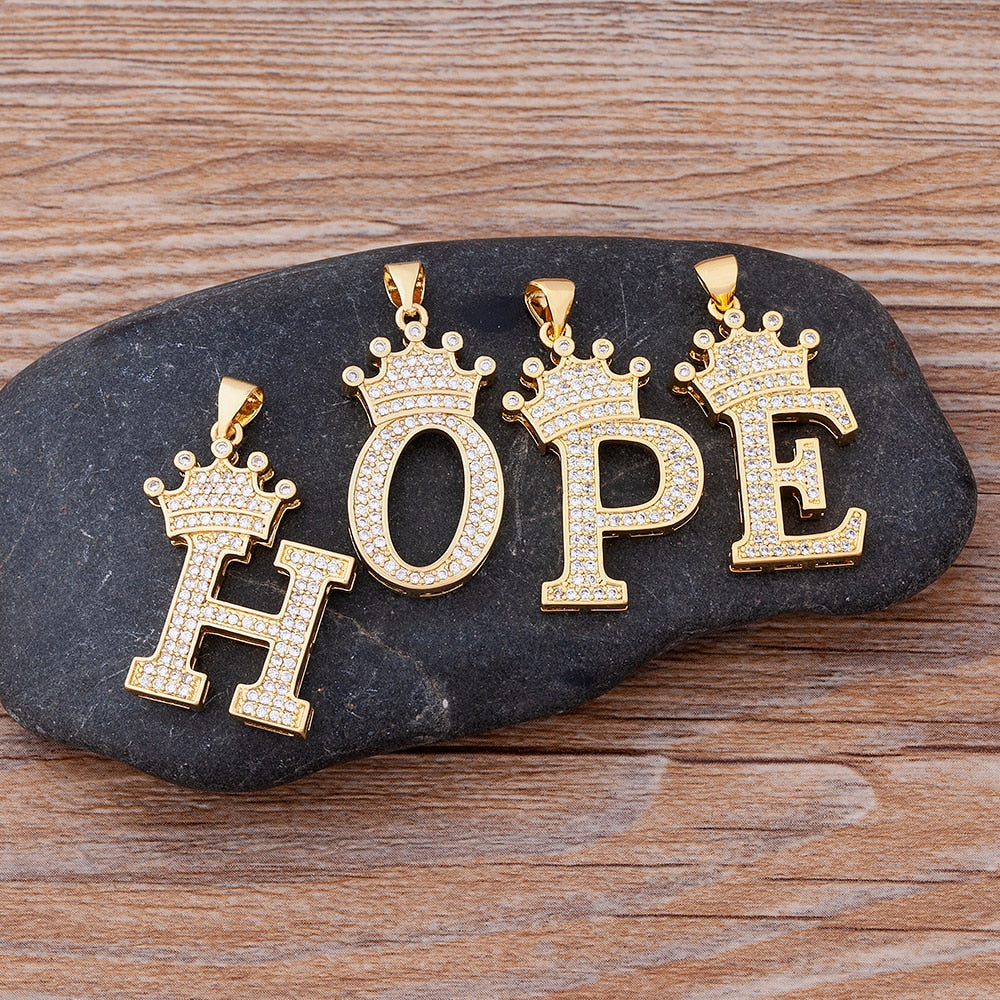 Nidin New Luxury Copper Zircon A-Z Crown Alphabet Pendant Chain Necklace Hip-Hop Style Fashion Woman Man Initial Name Jewelry Elk-Valley 3D