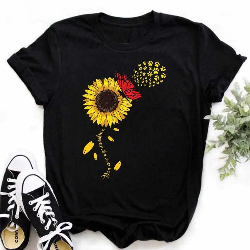 Maycaur Women's T-shirt Casual Kawaii Sunflower Butterfly Pattern Print Tshirt Comfortable Casual Women's Clothing Black Top Elk-Valley 3D
