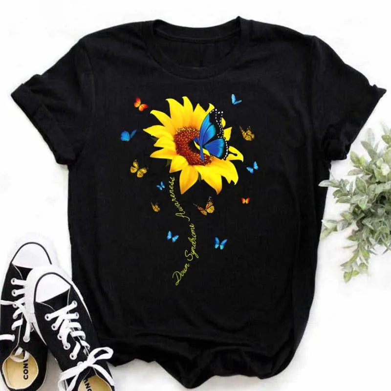 Maycaur Women's T-shirt Casual Kawaii Sunflower Butterfly Pattern Print Tshirt Comfortable Casual Women's Clothing Black Top Elk-Valley 3D