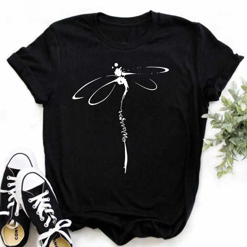 Maycaur Women's T-shirt Casual Kawaii Sunflower Butterfly Pattern Print Tshirt Comfortable Casual Women's Clothing Black Top Elk-Valley 3D