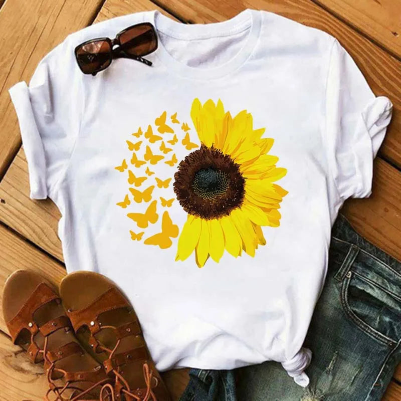 Maycaur Women's T-shirt Casual Kawaii Sunflower Butterfly Pattern Print Tshirt Comfortable Casual Women's Clothing Black Top Elk-Valley 3D