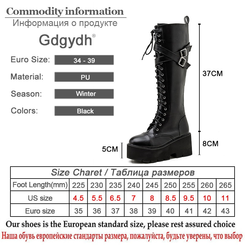 Gdgydh Fashion Women Boots Cross Strap PU Leather Autumn Winter Knee High Boots Ladies Thick Sole Platform Shoes Punk Gothic Elk-Valley 3D