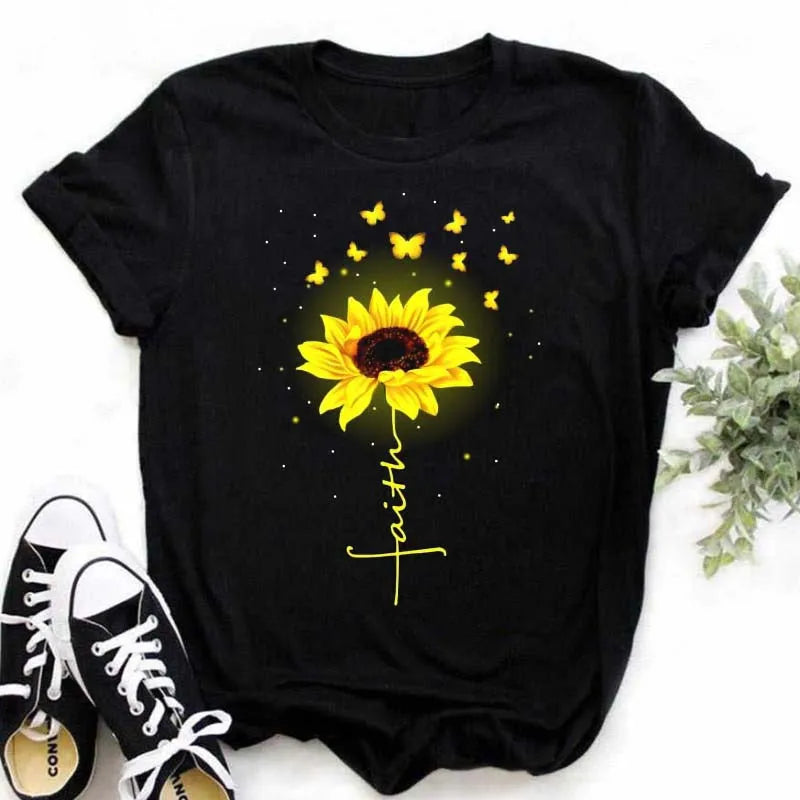 Maycaur Women's T-shirt Casual Kawaii Sunflower Butterfly Pattern Print Tshirt Comfortable Casual Women's Clothing Black Top Elk-Valley 3D