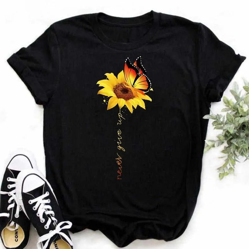 Maycaur Women's T-shirt Casual Kawaii Sunflower Butterfly Pattern Print Tshirt Comfortable Casual Women's Clothing Black Top Elk-Valley 3D