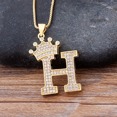 Nidin New Luxury Copper Zircon A-Z Crown Alphabet Pendant Chain Necklace Hip-Hop Style Fashion Woman Man Initial Name Jewelry Elk-Valley 3D