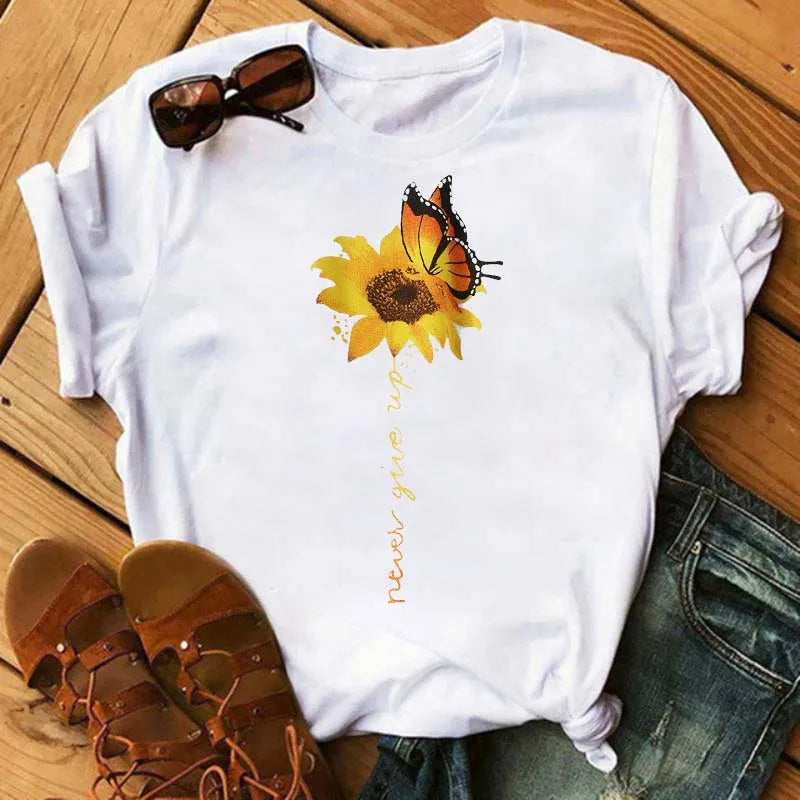 Maycaur Women's T-shirt Casual Kawaii Sunflower Butterfly Pattern Print Tshirt Comfortable Casual Women's Clothing Black Top Elk-Valley 3D