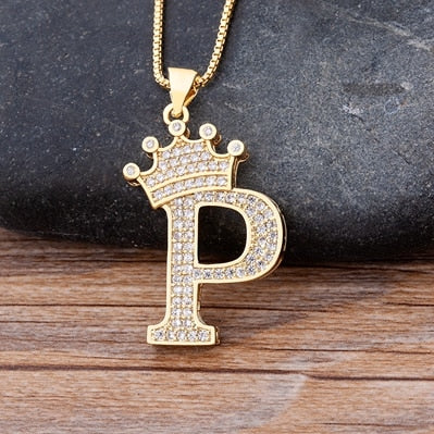 Nidin New Luxury Copper Zircon A-Z Crown Alphabet Pendant Chain Necklace Hip-Hop Style Fashion Woman Man Initial Name Jewelry Elk-Valley 3D