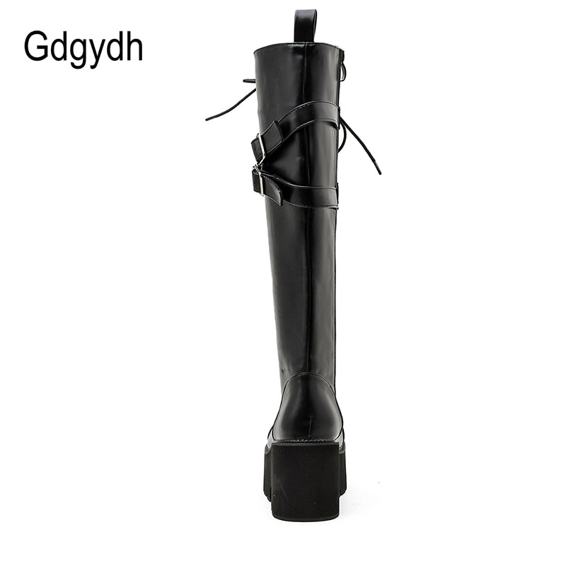 Gdgydh Fashion Women Boots Cross Strap PU Leather Autumn Winter Knee High Boots Ladies Thick Sole Platform Shoes Punk Gothic Elk-Valley 3D