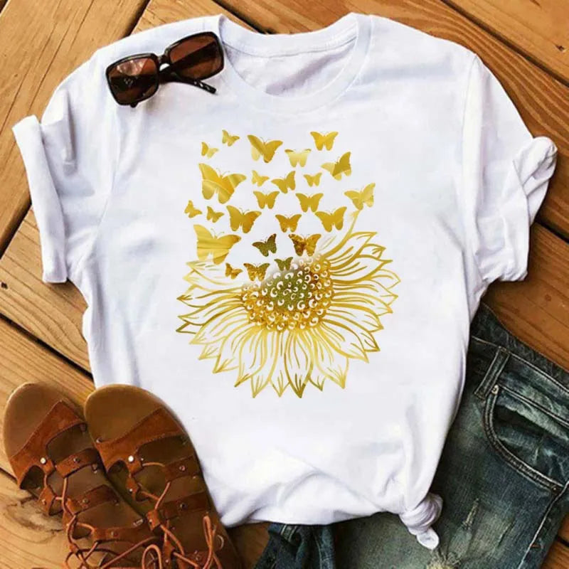 Maycaur Women's T-shirt Casual Kawaii Sunflower Butterfly Pattern Print Tshirt Comfortable Casual Women's Clothing Black Top Elk-Valley 3D