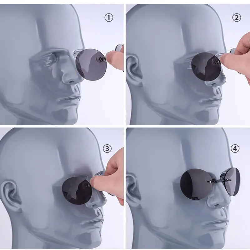 Round Clip-Nose Sunglasses Rimless Punk Clip On Sunglasses Women Men Driving Sunglasses Frameless Coating Eyeglasses UV400 Elk-Valley 3D