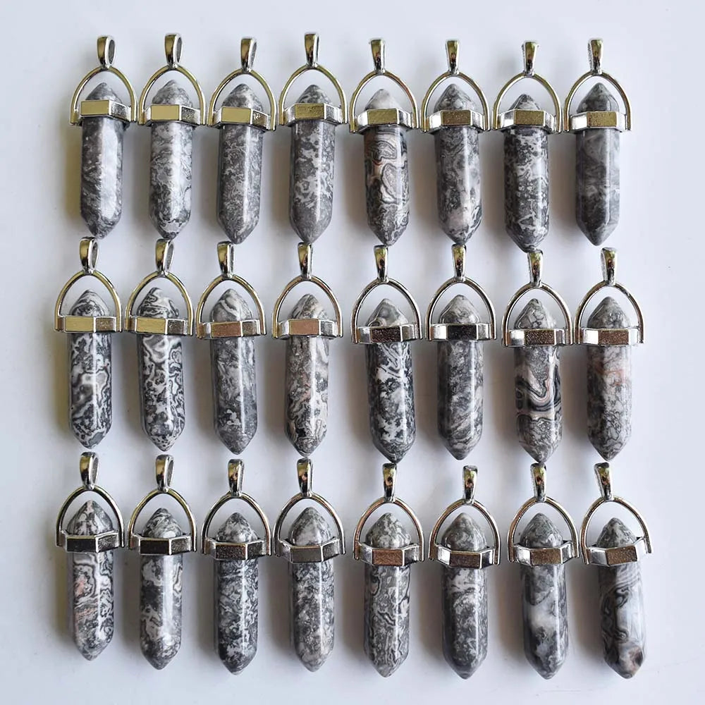 Wholesale 24pcs/lot Fashion quality assorted natural stone mixed pillar charms chakra Pendants & necklaces for making free Elk-Valley 3D