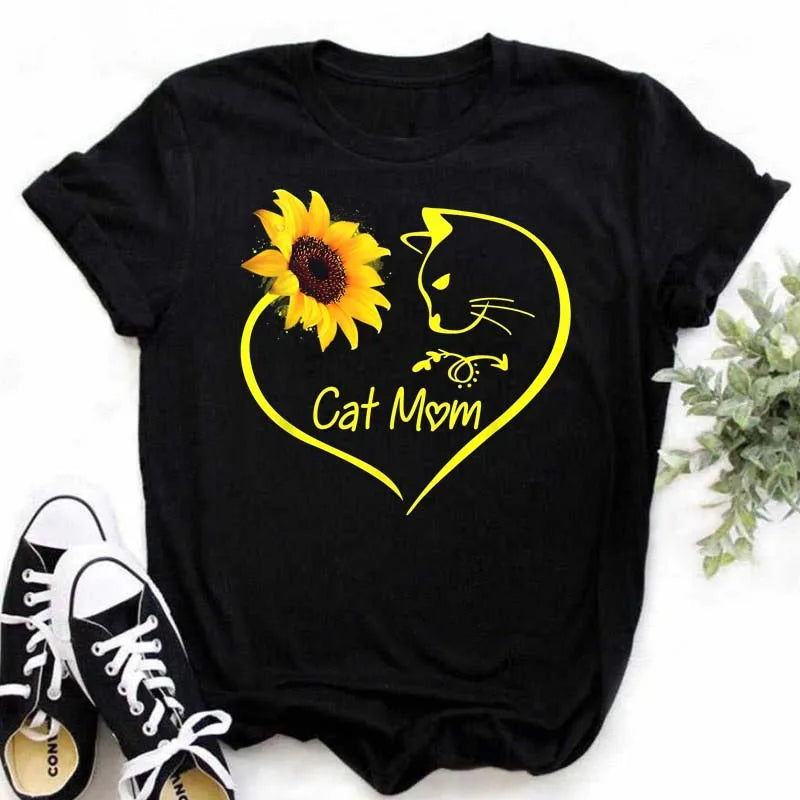 Maycaur Women's T-shirt Casual Kawaii Sunflower Butterfly Pattern Print Tshirt Comfortable Casual Women's Clothing Black Top Elk-Valley 3D