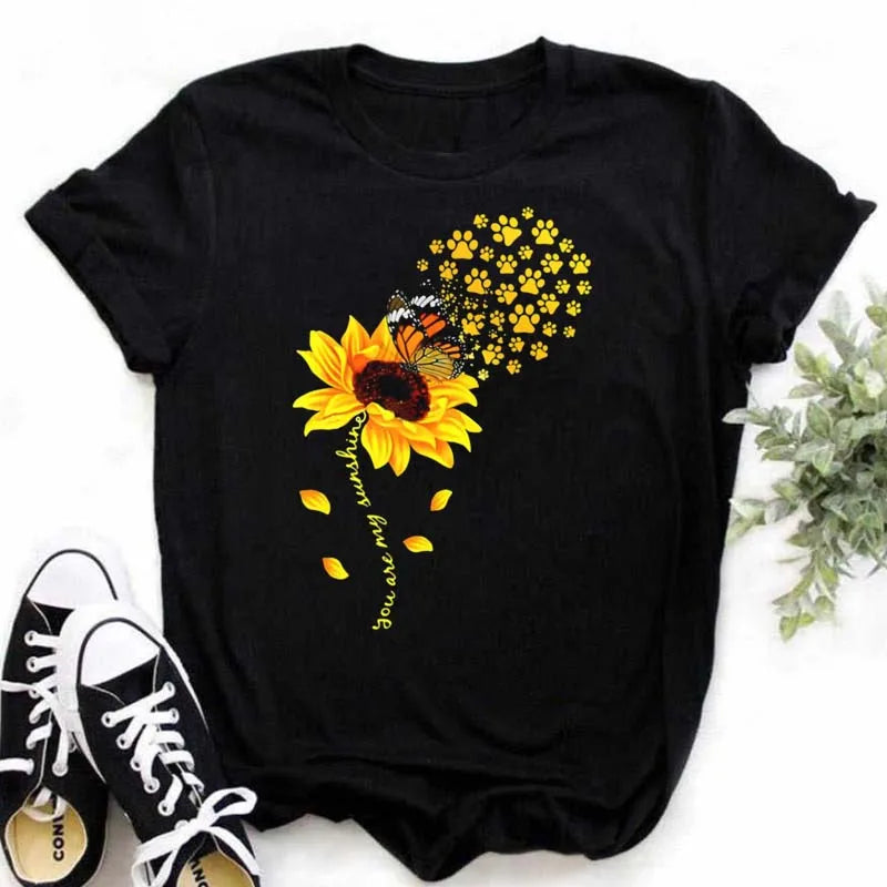 Maycaur Women's T-shirt Casual Kawaii Sunflower Butterfly Pattern Print Tshirt Comfortable Casual Women's Clothing Black Top Elk-Valley 3D
