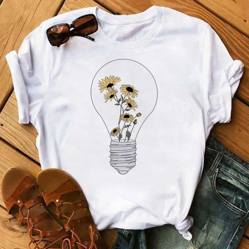 Maycaur Women's T-shirt Casual Kawaii Sunflower Butterfly Pattern Print Tshirt Comfortable Casual Women's Clothing Black Top Elk-Valley 3D