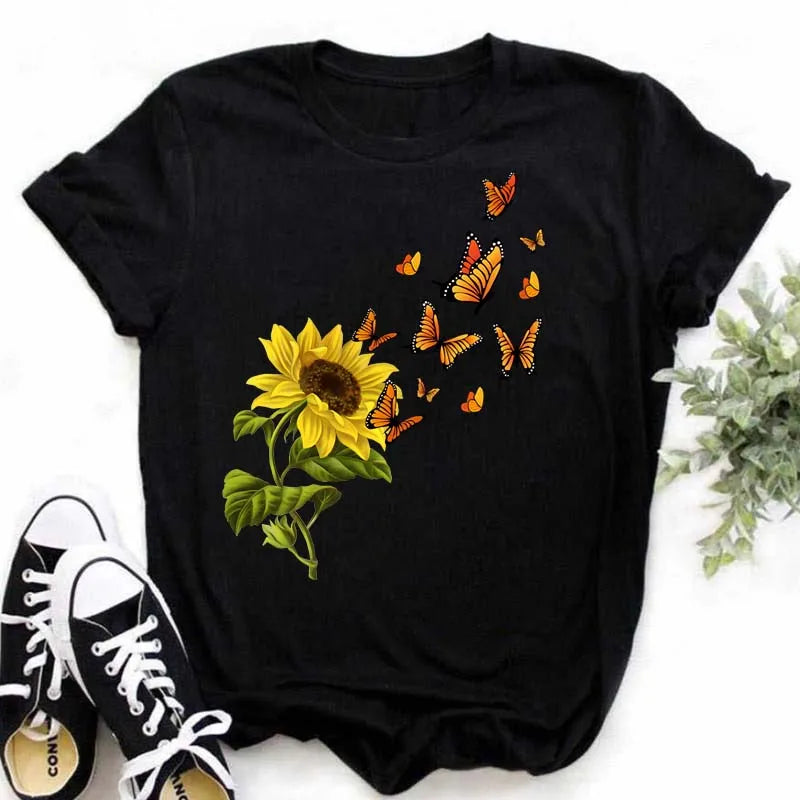 Maycaur Women's T-shirt Casual Kawaii Sunflower Butterfly Pattern Print Tshirt Comfortable Casual Women's Clothing Black Top Elk-Valley 3D