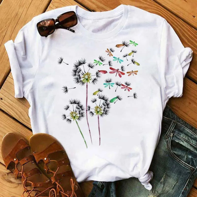 Maycaur Women's T-shirt Casual Kawaii Sunflower Butterfly Pattern Print Tshirt Comfortable Casual Women's Clothing Black Top Elk-Valley 3D
