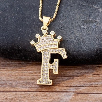 Nidin New Luxury Copper Zircon A-Z Crown Alphabet Pendant Chain Necklace Hip-Hop Style Fashion Woman Man Initial Name Jewelry Elk-Valley 3D