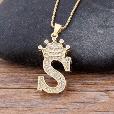 Nidin New Luxury Copper Zircon A-Z Crown Alphabet Pendant Chain Necklace Hip-Hop Style Fashion Woman Man Initial Name Jewelry Elk-Valley 3D