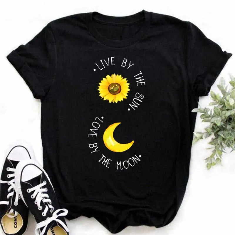 Maycaur Women's T-shirt Casual Kawaii Sunflower Butterfly Pattern Print Tshirt Comfortable Casual Women's Clothing Black Top Elk-Valley 3D