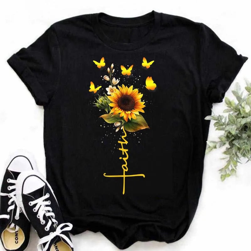Maycaur Women's T-shirt Casual Kawaii Sunflower Butterfly Pattern Print Tshirt Comfortable Casual Women's Clothing Black Top Elk-Valley 3D