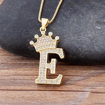 Nidin New Luxury Copper Zircon A-Z Crown Alphabet Pendant Chain Necklace Hip-Hop Style Fashion Woman Man Initial Name Jewelry Elk-Valley 3D