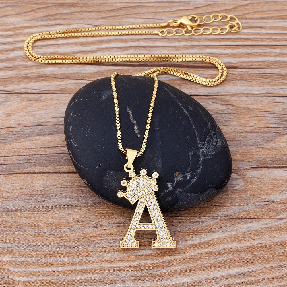 Nidin New Luxury Copper Zircon A-Z Crown Alphabet Pendant Chain Necklace Hip-Hop Style Fashion Woman Man Initial Name Jewelry Elk-Valley 3D