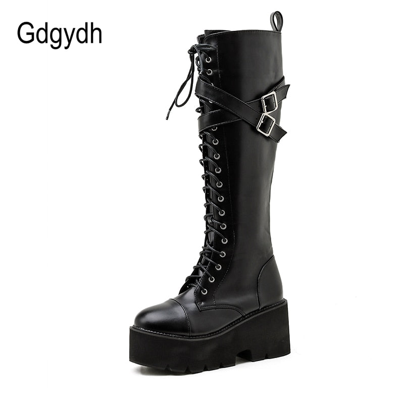 Gdgydh Fashion Women Boots Cross Strap PU Leather Autumn Winter Knee High Boots Ladies Thick Sole Platform Shoes Punk Gothic Elk-Valley 3D