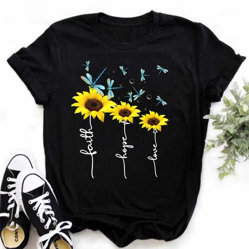 Maycaur Women's T-shirt Casual Kawaii Sunflower Butterfly Pattern Print Tshirt Comfortable Casual Women's Clothing Black Top Elk-Valley 3D