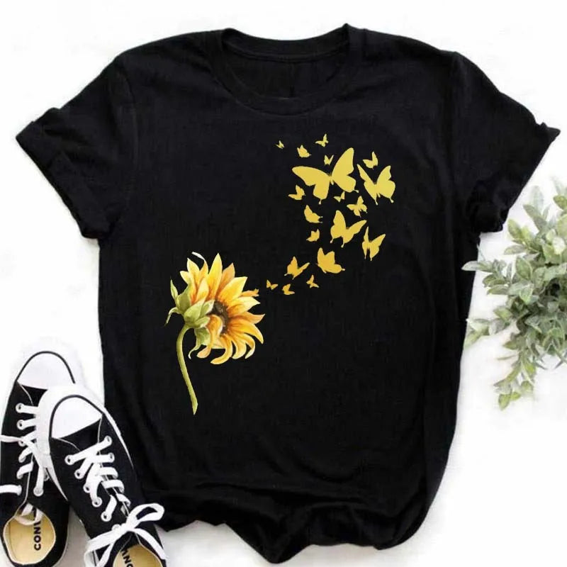 Maycaur Women's T-shirt Casual Kawaii Sunflower Butterfly Pattern Print Tshirt Comfortable Casual Women's Clothing Black Top Elk-Valley 3D