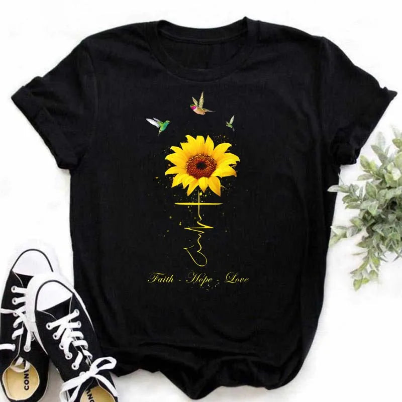 Maycaur Women's T-shirt Casual Kawaii Sunflower Butterfly Pattern Print Tshirt Comfortable Casual Women's Clothing Black Top Elk-Valley 3D