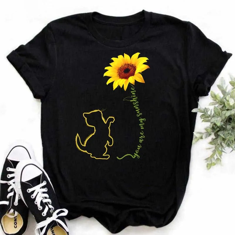 Maycaur Women's T-shirt Casual Kawaii Sunflower Butterfly Pattern Print Tshirt Comfortable Casual Women's Clothing Black Top Elk-Valley 3D