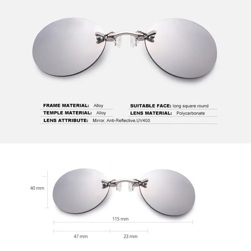 Round Clip-Nose Sunglasses Rimless Punk Clip On Sunglasses Women Men Driving Sunglasses Frameless Coating Eyeglasses UV400 Elk-Valley 3D