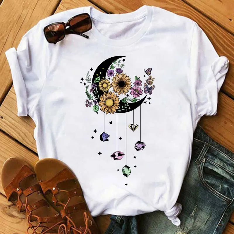 Maycaur Women's T-shirt Casual Kawaii Sunflower Butterfly Pattern Print Tshirt Comfortable Casual Women's Clothing Black Top Elk-Valley 3D