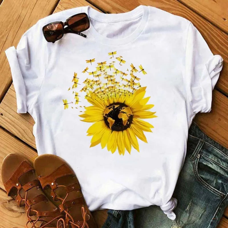 Maycaur Women's T-shirt Casual Kawaii Sunflower Butterfly Pattern Print Tshirt Comfortable Casual Women's Clothing Black Top Elk-Valley 3D